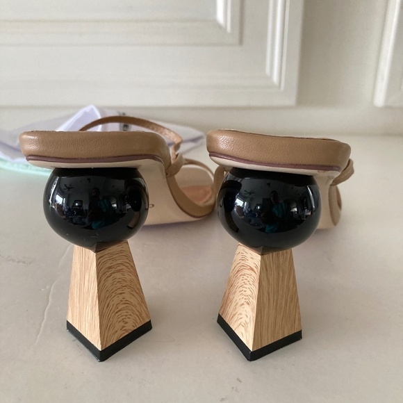 Caverley Anthropologie Trish Leather Neutral Geometric Heeled Mules - Picture 7 of 9